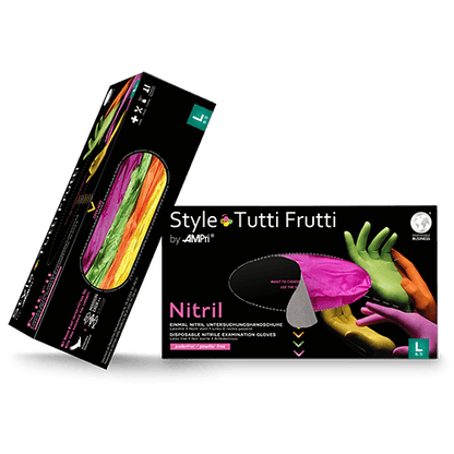 Gants en nitrile AMPri Style Tutti Frutti, non poudrés, assortiment de couleurs | Boîte (96 pièces)