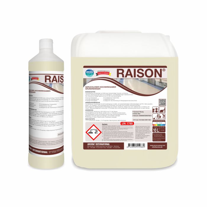 Deux récipients de l'Arcora RAISON Nettoyant de base inodore et hautement efficace de Arcora International GmbH, une bouteille et une grande cruche avec une étiquette allemande détaillée, sont illustrés sur un fond blanc - idéal pour les tâches de nettoyage professionnelles.
