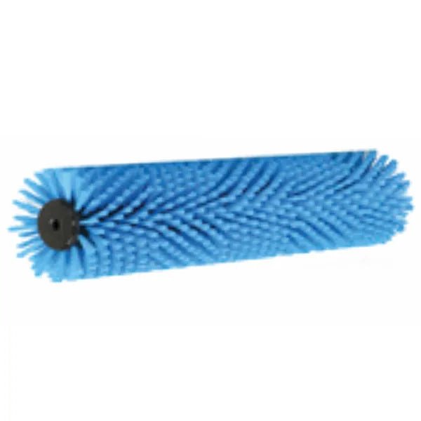 Die Arcora Aniko 350 Duo Brush Ersatzbürste Standard, Blau von Arcora International GmbH ist eine zylindrische blaue Bürstenwalze mit hochwertigen Borsten im Chevron-Muster, ideal für Reinigungsmaschinen oder Staubsauger.