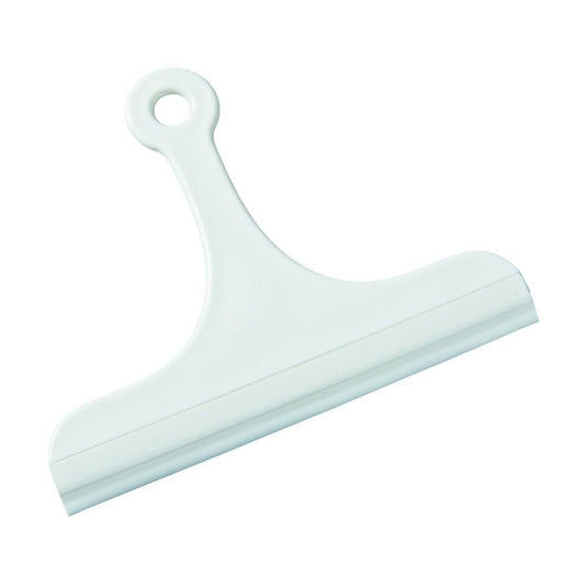 Le racloir pour vitres et carrelage Haug de la Haug Bürsten KG est un outil en plastique blanc doté d'une large lèvre en caoutchouc et d'un petit trou de suspension sur le dessus, mesurant 180 x 200 x 30 mm.