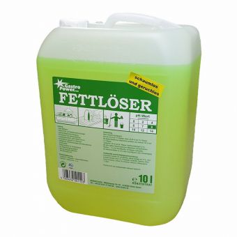 Un conteneur en plastique de 10 litres de GastroPower Dégraissant, sans mousse et inodore de la société Abena Re-Seller GmbH pour le dégraissage de cuisine, avec des informations sur le produit, des instructions et des symboles de sécurité sur le devant, ainsi qu'une poignée et un couvercle blancs.