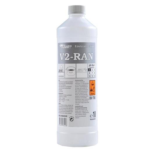 GastroPower V2-RAN, 1 l (4*1) par Abena Re-Seller GmbH : nettoyant pour acier inoxydable dans une bouteille en plastique avec étiquette grise/blanche, instructions, échelle de pH et symboles de danger - idéal pour le nettoyage hygiénique dans les établissements gastronomiques.