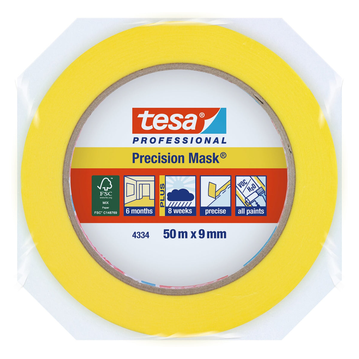 tesa Professional 4334 Präzisionskrepp PLUS, gelb 50 m x 9 mm