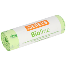 Eine Rolle EMIL DEISS KG DEISS BIOLINE Müllbeutel, Biofolie, 30L, naturfarben, 500x600x0,018 mm (20 Stück), hebt die kompostierbaren Eigenschaften für eine nachhaltige Abfallentsorgung hervor.