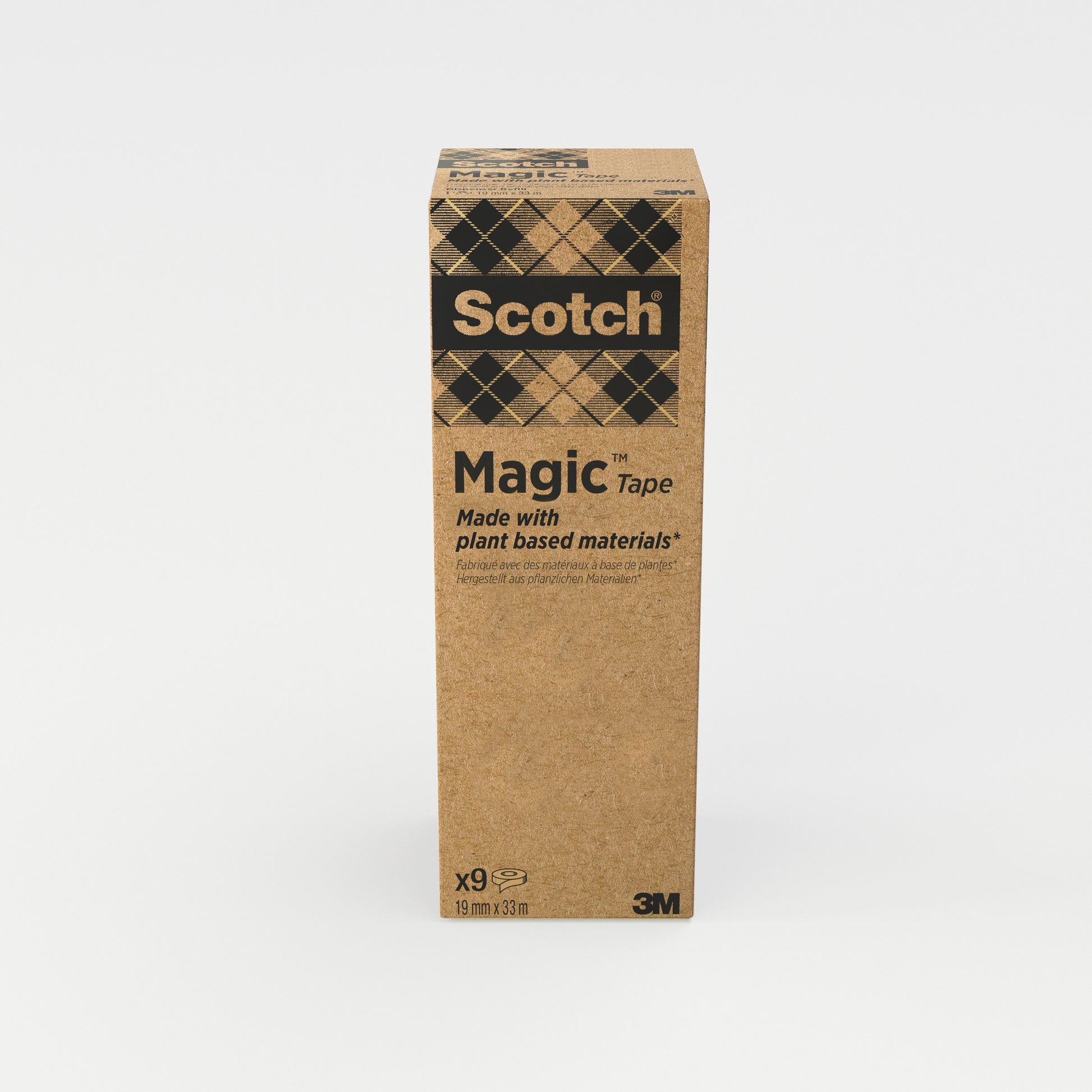Eine Packung 3M Scotch® Magic™ Klebeband 900-1933-9 mit 66% pflanzlichem Klebstoff, enthält neun Rollen (19 mm x 33 m) pro Karton. Packung (1 Stück). Marke: 3M Deutschland GmbH.