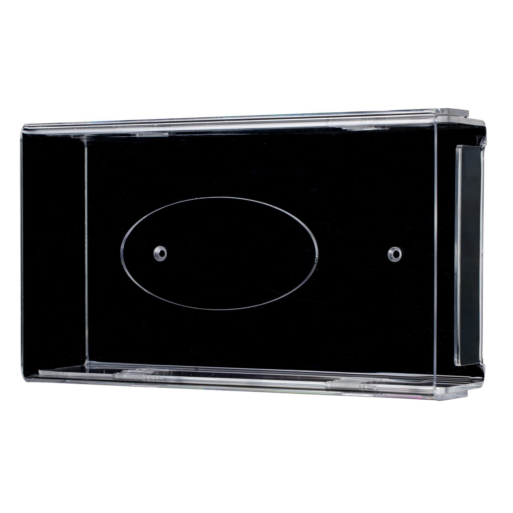 Der AMPri Einmalhandschuh Spender ist ein transparenter, milchiger Acryl-Wandhalter (250 x 135 x 55-90 mm) mit zwei Schraublöchern und einem ovalen Mittelteil, abgebildet auf weißem Hintergrund.