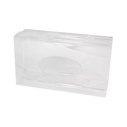 Ein transparenter, milchiger Acryl Einmalhandschuh Spender (250 x 135 x 55-90 mm) der AMPri Handelsgesellschaft mbH wird geschlossen und leer mit einem Klappdeckel vor einem schlichten weißen Hintergrund gezeigt, ideal für die organisierte Aufbewahrung von Handschuhen.