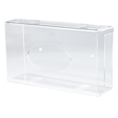 Der AMPri Einmalhandschuh Spender ist ein transparenter, milchiger Acryl-Spenderhalter (250 x 135 x 55-90 mm) mit glatten Kanten und einer ovalen Vertiefung auf einer Seite, abgebildet auf einem schlichten weißen Hintergrund.