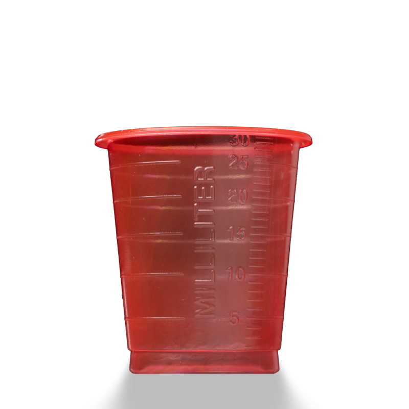 Abgebildet ist ein MED COMFORT ECO Einmal Medizinbecher 30 ml graduiert der AMPri Handelsgesellschaft mbH aus rotem Kunststoff mit 5-30 ml Milliliter-Markierungen auf einfarbig weißem Hintergrund.