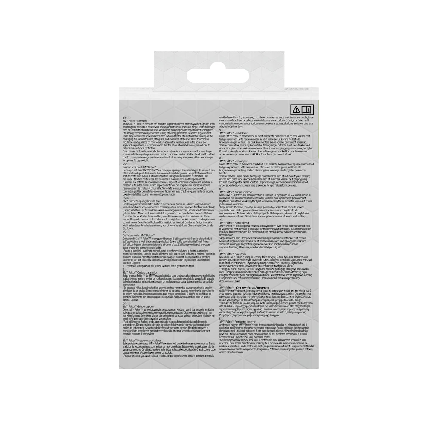 Das Bild zeigt die Rückseite einer 3M™ PELTOR™ Kapselgehörschutz für Kinder-Verpackung der 3M Deutschland GmbH mit Anweisungen, Warnhinweisen und Produktdetails in mehreren Sprachen auf weißem Hintergrund mit einem dezenten geometrischen Muster. Es ist kein Branding oder Produktname sichtbar.