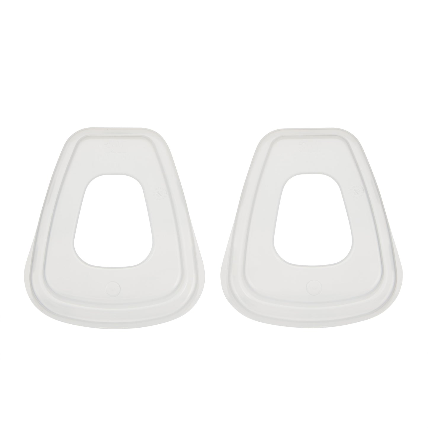 Deux couvercles blancs, identiques et en forme de trapèze, avec de grandes ouvertures ovales, ressemblant à des pièces de la boîte de démarrage de protection 3M™ pour professionnels 1000MCWE de 3M Deutschland GmbH, sont disposés côte à côte sur un fond blanc uni.