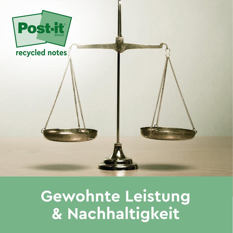 Une balance équilibrée se trouve sur une surface. En haut à gauche, le logo vert des notes de recyclage Post-it® est affiché. En bas, le texte : "Performance habituelle & durabilité". Produit : Notes de recyclage Post-it® 3M, 76x127mm, 100 feuilles/bloc, 100% PEFC.