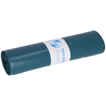 Eine Rolle blauer DEISS 10004 Müllsäcke, Typ 60 (700x1100 mm, 25 Stück) der EMIL DEISS KG (GmbH + Co.), mit weißem Etikett mit Produktinformation und einfacher Grafik, abgebildet auf einem schlichten weißen Hintergrund.