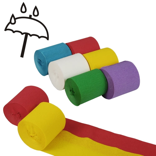 Sechs PAPSTAR GmbH Krepp-Bänder (10 m x 5 cm, farbig sortiert, wasserfest, 6 Rollen) in den Farben blau, rot, gelb, weiß, grün und violett sind in zwei Reihen dargestellt, wobei zwei davon teilweise ausgerollt sind und oben links ein Regenschirm mit Regentropfen abgebildet ist.