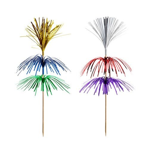 Die PAPSTAR 100 Deko-Picker von PAPSTAR GmbH aus Holz, verziert mit Tinsel in Gold, Silber, Blau, Rot, Grün und Lila – ideal für elegante Präsentationen auf weißem Hintergrund.