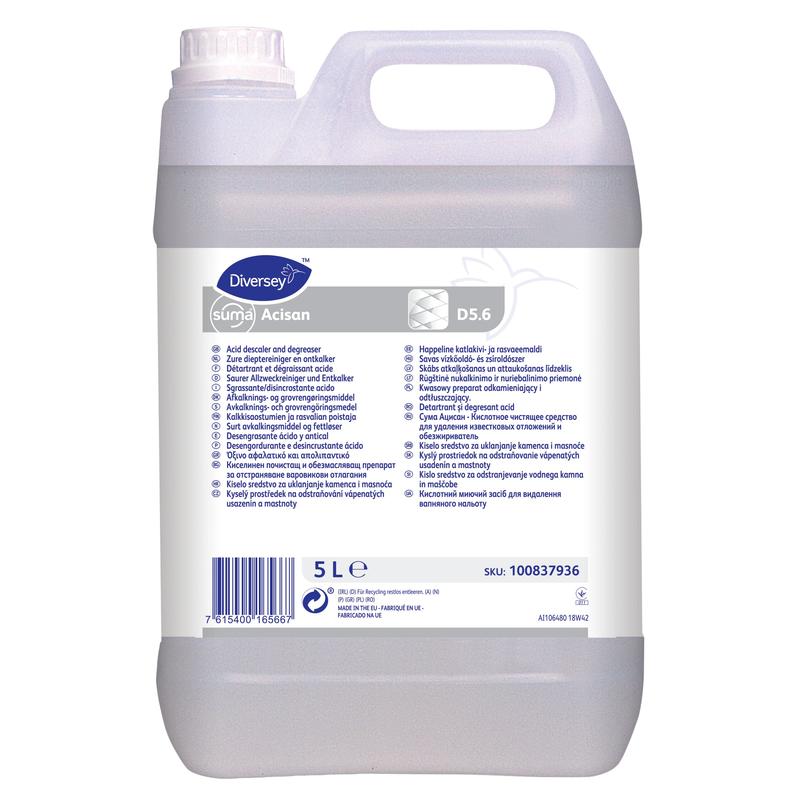 Un bidon de 5 litres de Suma Acisan D5.6 de Diversey Deutschland GmbH & Co. OHG, un nettoyant acide et détartrant avec poignée et bouchon à vis. L'étiquette blanche contient des instructions, des ingrédients et des informations de sécurité en plusieurs langues.