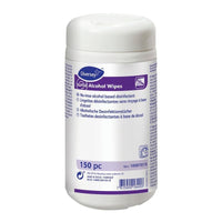 Le distributeur blanc de lingettes désinfectantes « Suma Alcohol Wipes » de Diversey Deutschland GmbH & Co. OHG contient 150 lingettes sans rinçage, dont la formule à base d'alcool est destinée au nettoyage hygiénique, comme indiqué sur l'étiquette multilingue.