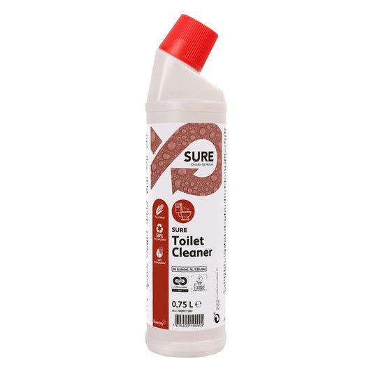 Une bouteille en plastique blanche de 0,75 L de « SURE Toilet Cleaner », nettoyant pour toilettes et urinoirs de la société Diversey Deutschland GmbH & Co. OHG, dotée d'un bouchon coudé rouge et d'une étiquette rouge et blanche, assure un nettoyage efficace des toilettes et des urinoirs.