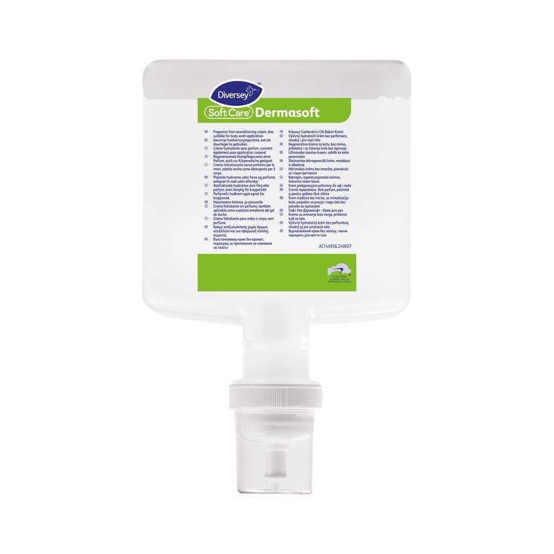 Un flacon rectangulaire en plastique transparent de crème pour la peau Soft Care Dermasoft de Diversey Deutschland GmbH & Co. OHG avec une étiquette vert-blanc et une pompe blanche ainsi que des détails et instructions multilingues sur le produit.