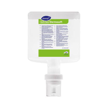 Un flacon rectangulaire en plastique transparent de crème pour la peau Soft Care Dermasoft de Diversey Deutschland GmbH & Co. OHG avec une étiquette vert-blanc et une pompe blanche ainsi que des détails et instructions multilingues sur le produit.