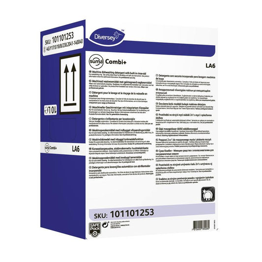 Eine weiße rechteckige Schachtel mit violetten und schwarzen Akzenten, beschriftet mit „Diversey Suma Combi+ LA6, Kombinierter Reiniger und Klarspüler für mittelhartes Wasser“ von Diversey Deutschland GmbH & Co. OHG, mit Details, Anweisungen, einem Barcode und SKU 101101253.