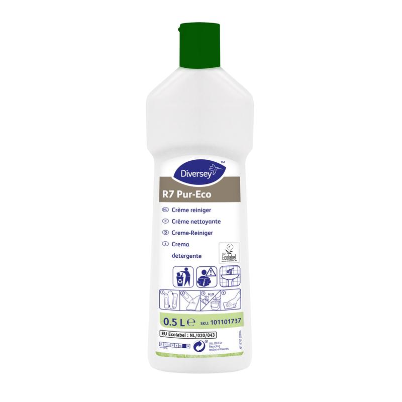 Eine weiße 500 ml Flasche Diversey R7 Pur-Eco Creme-Reiniger von Diversey Deutschland GmbH & Co. OHG mit grünem Verschluss, mehrsprachig beschriftet und umweltfreundlich für harte, wasserfeste Oberflächen.