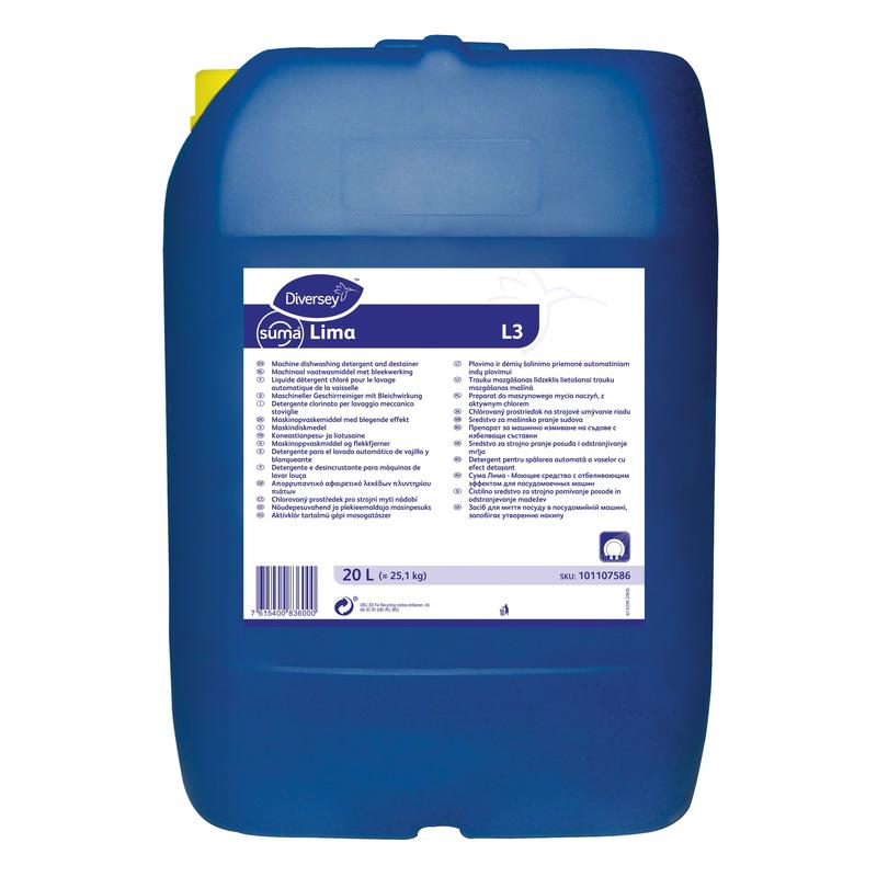 Un grand récipient en plastique bleu de 20 litres Diversey Suma Lima L3 nettoyant pour vaisselle avec eau de Javel (Diversey Deutschland GmbH & Co. OHG) avec étiquette multilingue blanche et couvercle jaune, adapté pour l'eau moyennement dure à dure.