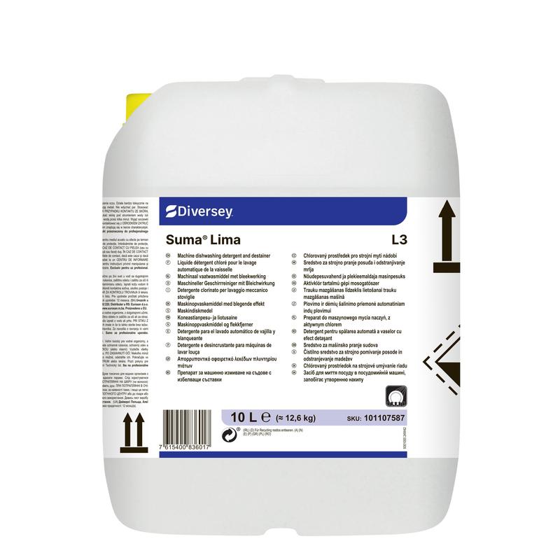 Un récipient de 10 litres en plastique blanc avec le nettoyant pour vaisselle Diversey Suma Lima L3 avec eau de Javel de Diversey Deutschland GmbH & Co. OHG, avec poignée, marques de niveau, texte bleu et noir, symboles et étiquette multilingue.