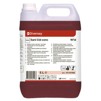 Un bidon de 5 litres de nettoyant sanitaire Diversey TASKI Sani Cid conc (produit hautement concentré à base d'acide citrique) de Diversey Deutschland GmbH & Co. OHG ; liquide rouge, étiquette détaillée, idéal pour éliminer les dépôts de calcaire.