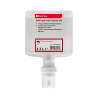 Das 1,3-Liter-Soft Care Des E Spray H5 Händedesinfektion von Diversey Deutschland GmbH & Co. OHG verfügt über eine mehrsprachige Beschriftung, einen sichtbaren Barcode auf der Vorderseite und ist in praktischer Spray-Form ideal für unterwegs.