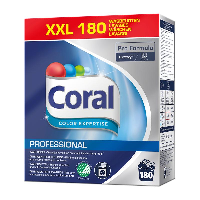 Eine Dose Coral Professional Color Expertise Color-Waschmittel (180 Wäschen, 8 kg Pulver) von Diversey Deutschland GmbH & Co. OHG mit Pro Formula Branding, blauem Design und bietet Farb- und Faserschutz für strahlende Farben.