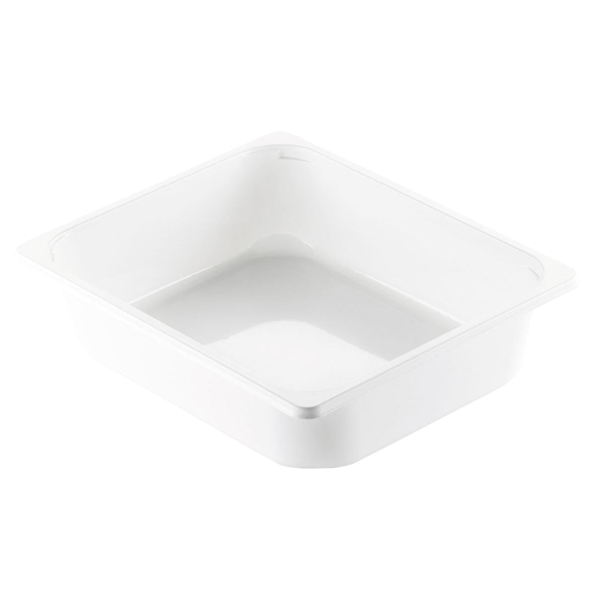 Un plateau CPET rectangulaire blanc 1/2 GN Blanc CPET 325x265 de Duni GmbH, avec des coins légèrement arrondis et une surface lisse, présenté en biais avec vue intérieure et un côté.