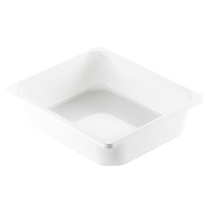 Un plateau CPET rectangulaire blanc 1/2 GN Blanc CPET 325x265 de Duni GmbH, avec des coins légèrement arrondis et une surface lisse, présenté en biais avec vue intérieure et un côté.