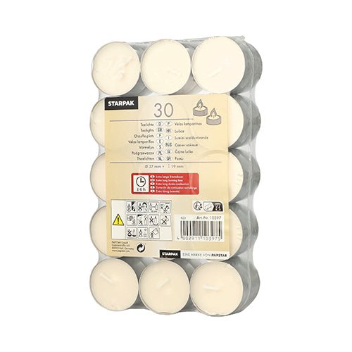 30 weiße Teelichte von Starpak (Ø 37 mm, 19 mm, 6 h Brenndauer), eingeschweißt in Schrumpffolie im 30er-Pack. Das Etikett enthält Produktinfos, Nutzungshinweise und Warnsymbole; Die Teelichter sind in drei Reihen angeordnet.