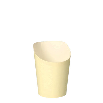 L'image montre un gobelet à snack beige, cylindrique PAPSTAR To Go (0,16 L, Ø 7,5 cm, carton) de la société PAPSTAR avec un dessus légèrement incliné et ouvert sur un fond blanc. L'emballage contient 75 gobelets écologiques dans un emballage en film plastique.