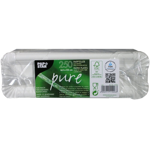 Eine Packung mit 250 PAPSTAR GmbH "pure" eckig weiß Pappe Teller, verpackt in klarem Kunststoff mit Produktangaben und umweltfreundlichen Zertifizierungssymbolen auf dem Etikett.