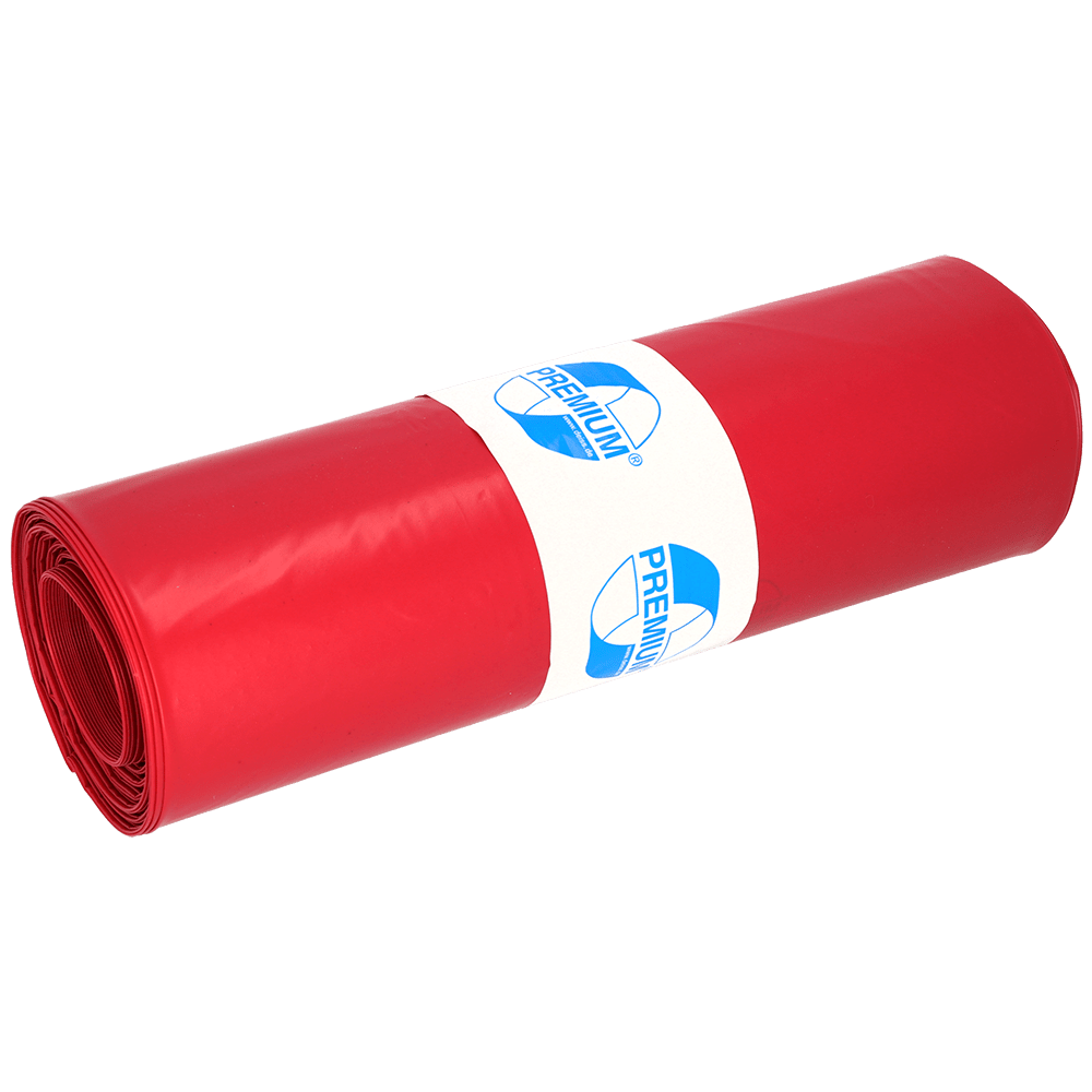 Un paquet étroitement roulé de sacs poubelles DEISS 11102 700x1100 mm Type 100 rouge (25 pièces) de EMIL DEISS KG, sécurisé avec une étiquette blanche avec un graphisme "PREMIUM" bleu sur fond clair - idéal pour une gestion efficace des déchets.