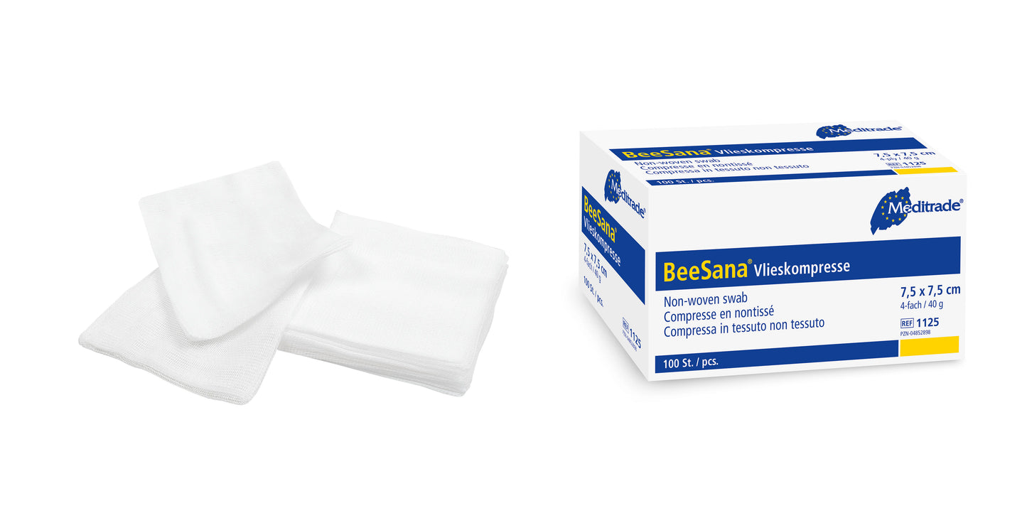 BeeSana® Vlieskompresse, unsteril, 4-fach, 40 g, 7,5 x 7,5 cm | Packung (100 Stück)