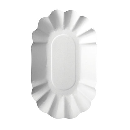 L'assiette ovale jetable blanche "pure" de PAPSTAR GmbH (PAPSTAR 250 bols) est certifiée FSC, a un bord cannelé et est représentée de haut sur un fond uni.