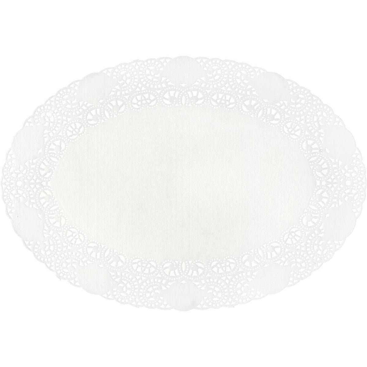 Das ovale weiße Papierdeckchen Tortenspitzen oval 17x24 cm von Duni GmbH (Packung 250 Stück) hat einen dekorativen Spitzenrand und eine glatte Mitte - perfekt zum Verzieren von Torten und Gebäck. Abgebildet auf weißem Hintergrund.