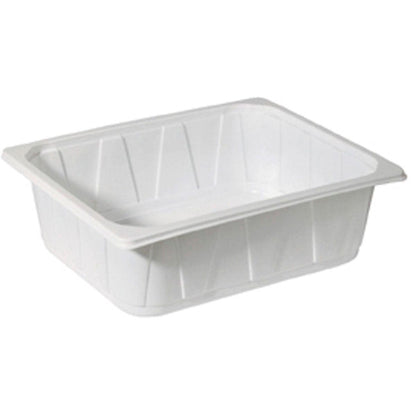 Die Duni GmbH PP Schale 1/2 GN Weiß PP 325x265 ist ein rechteckiger weißer Behälter mit leicht abgeschrägten Seiten und breitem Rand, ideal für den Einsatz in der Gastronomie, abgebildet auf einem schlichten weißen Hintergrund.