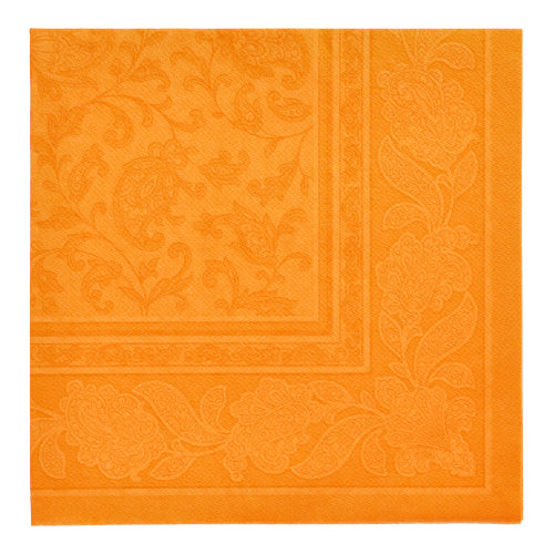 Die Servietten "ROYAL Collection" 1/4-Falz 40x40 cm der PAPSTAR GmbH 20 Servietten in Orange haben eine geprägte Blumen- und Blätterbordüre mit dezentem Wirbeldesign in der Mitte - ideal für eine elegante Tischdekoration.