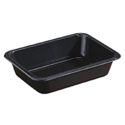 Le Duni GmbH CPET Take-Away petit Noir est un récipient en plastique noir, rectangulaire avec des côtés biseautés et des coins arrondis, idéal pour les repas à emporter, sur fond blanc.