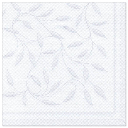 Les serviettes de PAPSTAR GmbH ROYAL Collection sont blanches, 40 x 40 cm, avec un motif discret de feuilles et de volutes embossé en gris clair et un bord à double ligne. L'emballage contient 50 serviettes pliées en quart.