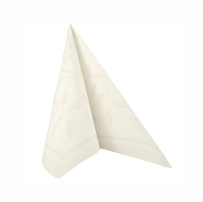 Une serviette blanche PAPSTAR GmbH 50 serviettes "ROYAL Collection" 1/4-pli 40 x 40 cm est pliée en une forme triangulaire debout devant un fond blanc uni, avec un motif discret de feuilles.