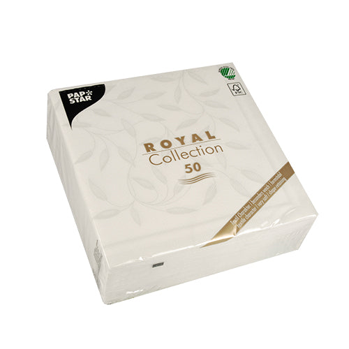 Un paquet scellé de 50 serviettes blanches PAPSTAR "ROYAL Collection" (40 x 40 cm, 1/4-pli) de PAPSTAR GmbH. L'emballage principalement blanc est orné de texte doré et noir ainsi que d'un logo de certification vert dans le coin supérieur droit.