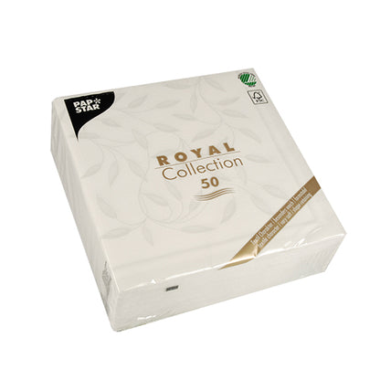 Un paquet scellé de 50 serviettes blanches PAPSTAR "ROYAL Collection" (40 x 40 cm, 1/4-pli) de PAPSTAR GmbH. L'emballage principalement blanc est orné de texte doré et noir ainsi que d'un logo de certification vert dans le coin supérieur droit.