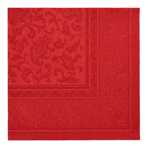 Les PAPSTAR GmbH 50 serviettes "ROYAL Collection" 1/4 pli (40 x 40 cm) en bordeaux présentent un motif paisley et floral discret avec une bordure décorative.