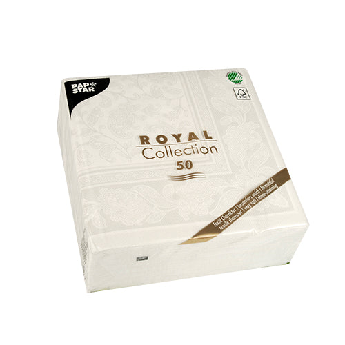 Un emballage carré blanc avec l'inscription "PAPSTAR 50 serviettes ROYAL Collection" est orné d'un motif floral discret et contient 50 serviettes blanches (1/4-pli, 40x40 cm). En haut à gauche, une petite étiquette noire de PAPSTAR GmbH est visible en écriture blanche.