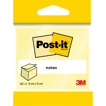Eine Einzelpackung Post-it® Notes Würfel von 3M Deutschland GmbH enthält 450 gelbe Blätter (76 x 76 mm), hergestellt aus 100% PEFC-zertifiziertem Papier (SGSCH-PEFC-COC-110078). Das Etikett auf der Vorderseite zeigt das Post-it Logo und die Grafik des Notizblocks.